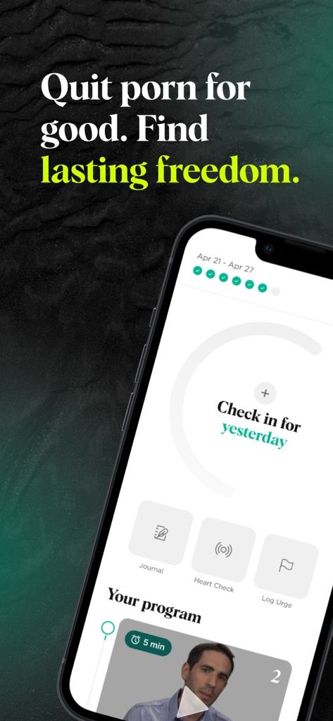 Relay app dashboard showing recovery progress tracking, daily check-in feature, and therapist-led video lessons.