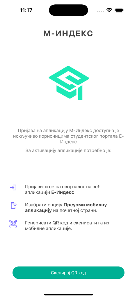 M-Indeks - M-Indeks student portal app activation screen showing a graduation cap logo and a scan QR code button