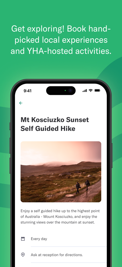 YHA Explorer - YHA Explorer app screen showing details for a Mount Kosciuszko sunset hike activity