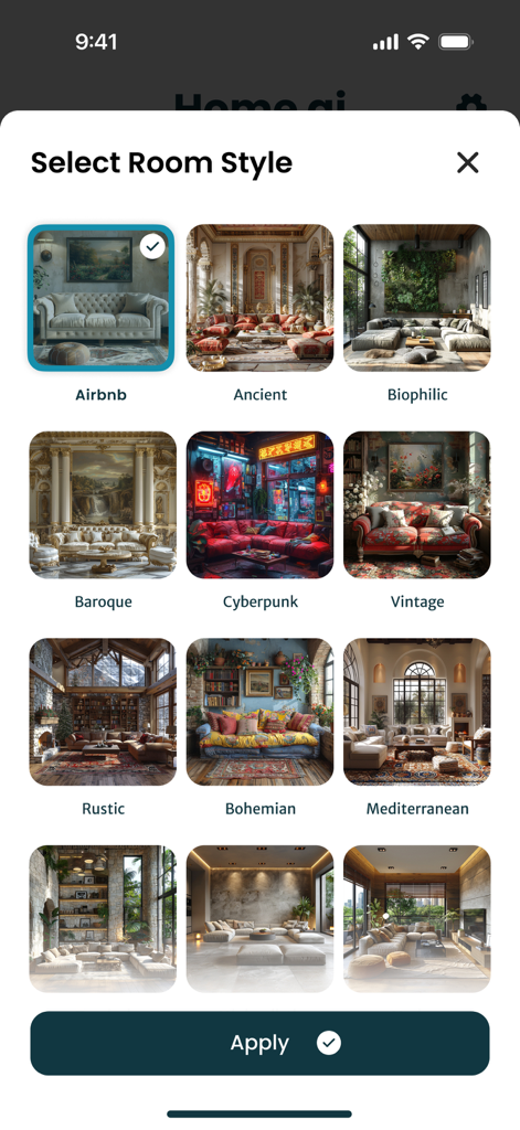 Mobile app interface showing a grid of various interior design styles for selection