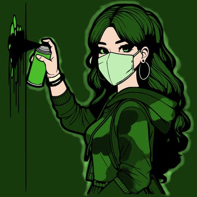 realistic girl with mask spray painting a wall