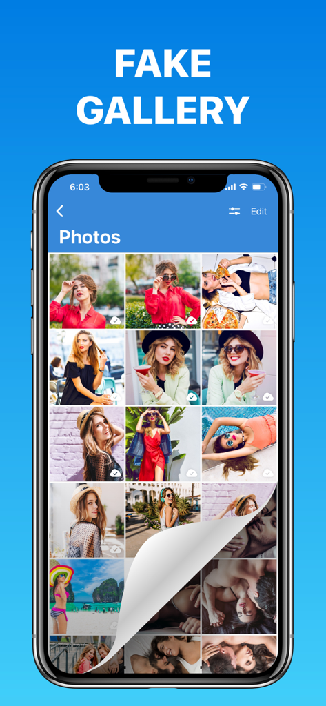 Photo Vault app showing a decoy gallery with hidden private images underneath