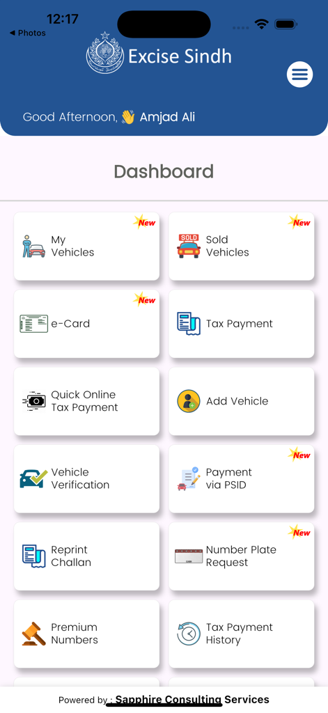 Excise Sindh - Excise Sindh app dashboard showing options for vehicle verification tax payment and e-card services
