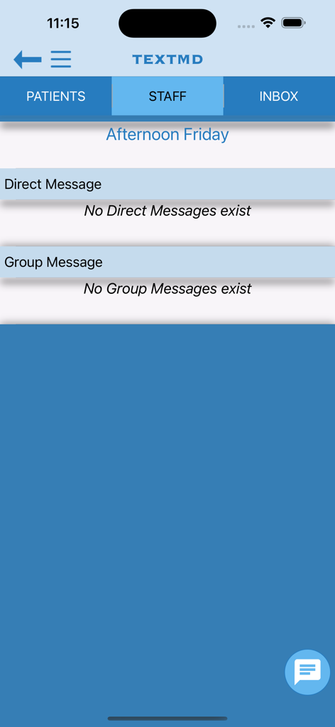 Pantalla de mensajería del personal en la aplicación HospiceMD que muestra secciones de mensajes directos y grupales.