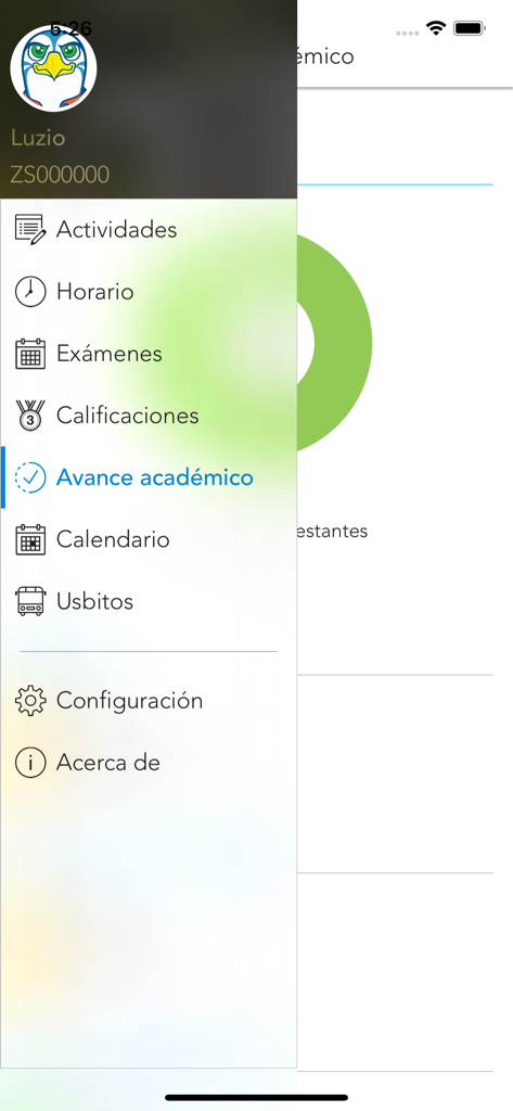 MiUV - Side navigation menu of the MiUV app featuring academic tools for students.
