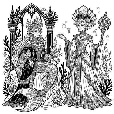 Unleash your creativity with this exquisite coloring page featuring two majestic elder mermaids adorned in stunning gothic attire. Explore an underwater world of melancholic beauty and intricate design, perfect for experienced colorists.