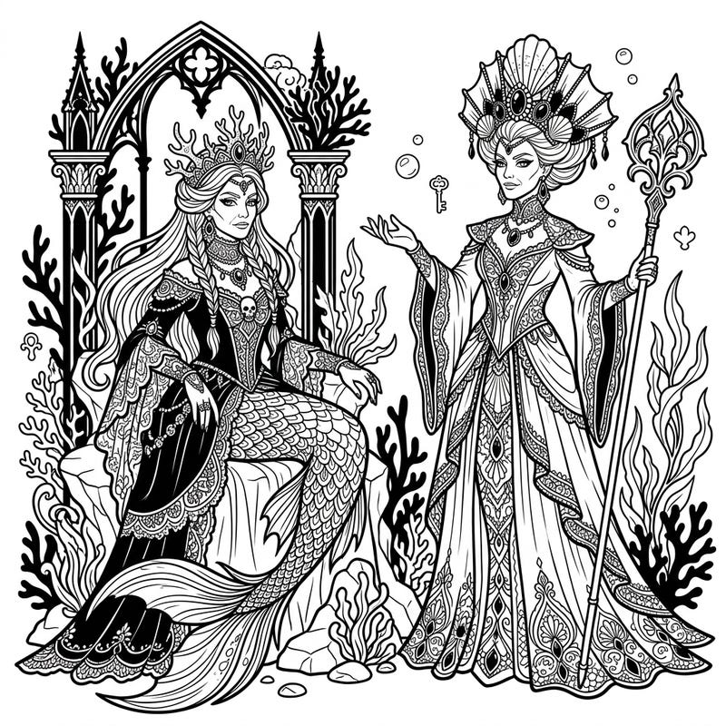 Unleash your creativity with this exquisite coloring page featuring two majestic elder mermaids adorned in stunning gothic attire. Explore an underwater world of melancholic beauty and intricate design, perfect for experienced colorists.