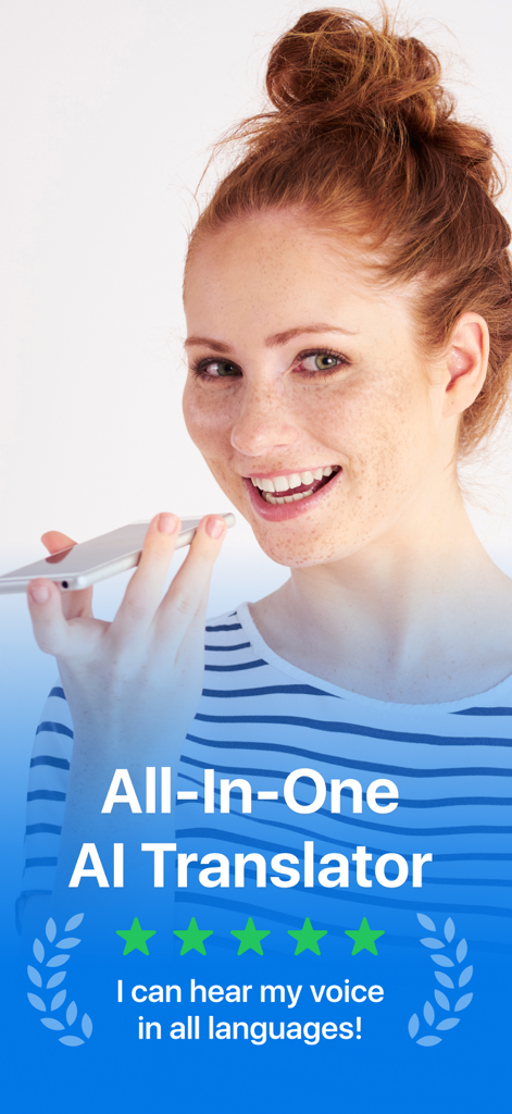 Translate AI: Voice Translator - A smiling woman using the Translate AI app on her smartphone for voice translation