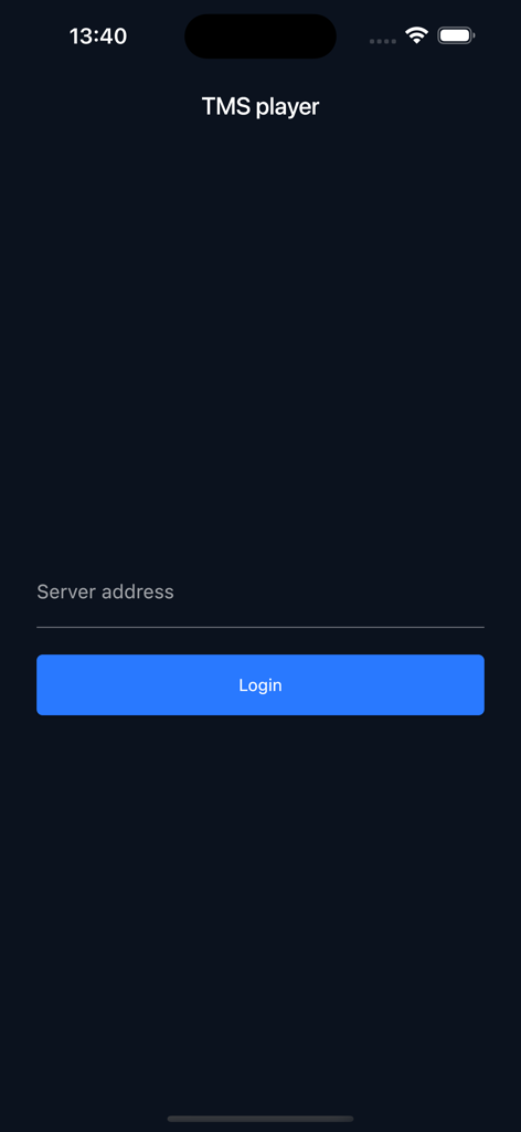 TMS player - Écran de connexion de l'application TMS player montrant le champ de saisie de l'adresse du serveur.