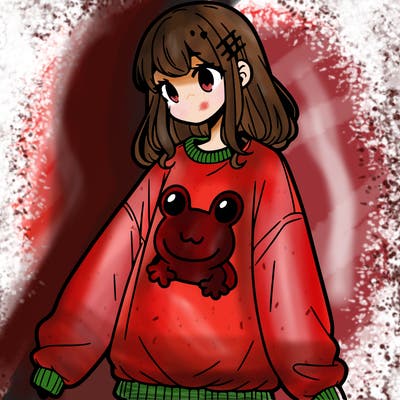 girl wearing frogging sweatshirt