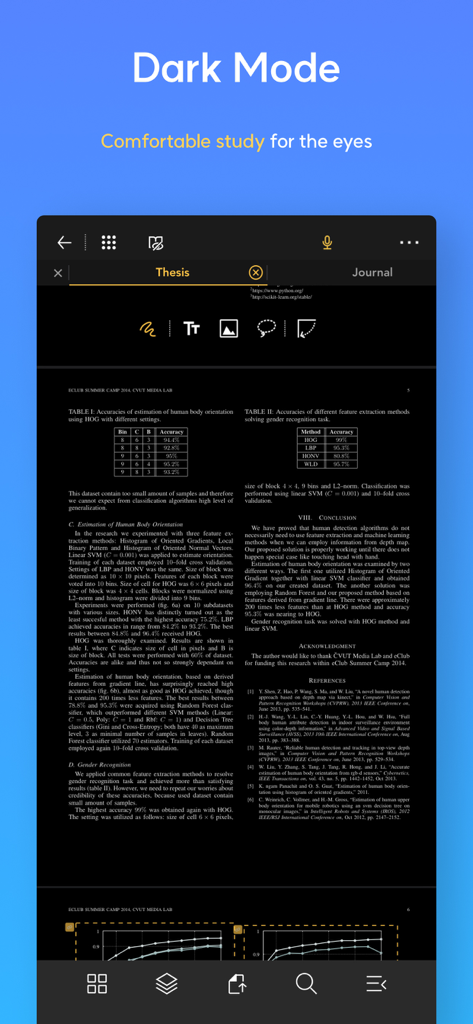 Flexcil Note & Good PDF Reader - Interfaz de la aplicación Flexcil en modo oscuro que muestra un documento académico para un estudio cómodo