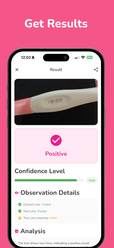 Pregnancy Test Checker AI + - A mobile app screen displaying a positive pregnancy test result with AI confidence levels and observation details
