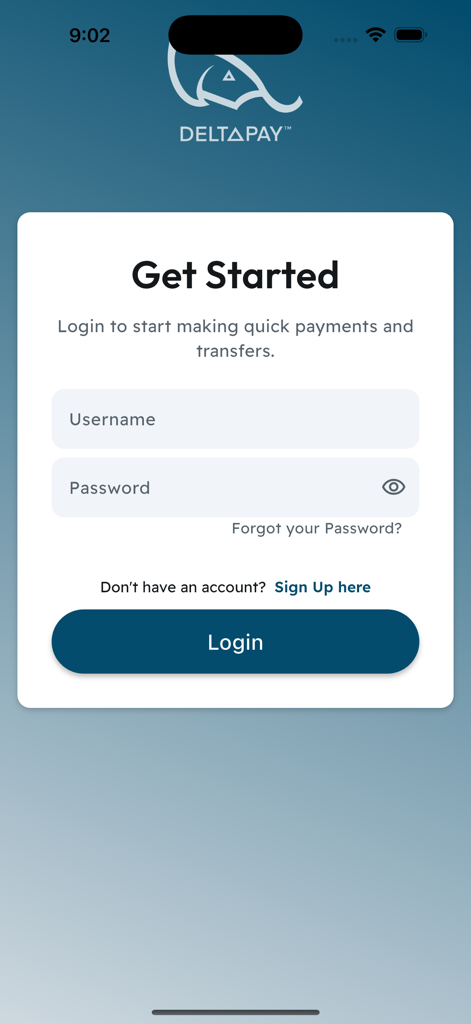 DeltaPay Eswatini mobile app login screen for secure money transfers