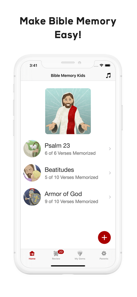 Bible Memory Kids - The home screen of the Bible Memory Kids app showing scripture memorization progress for children with illustrated bible passages.