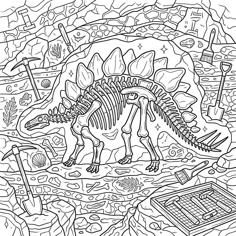 Dive into an exciting prehistoric adventure with this Stegosaurus paleontology coloring page. Discover a majestic dinosaur skeleton surrounded by intricate fossil details and archeological tools, ready for your creative touch.