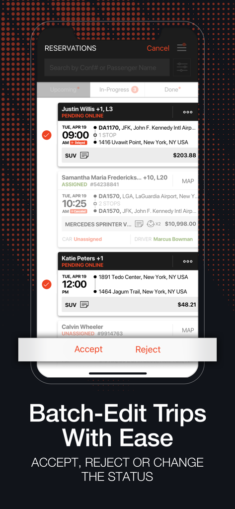 Limo Anywhere Mobile - Limo Anywhere Mobile app screen showing batch trip management and reservation status updates