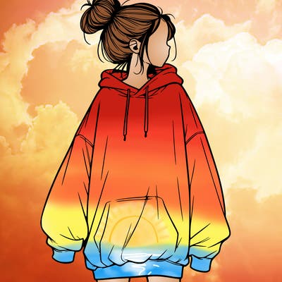 realistic girl with a oversized sweatshirt on and a bun
