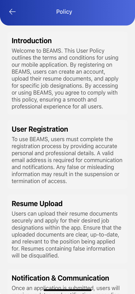 BEAMS APP - BEAMS APP screen displaying the user policy including sections for registration and resume upload