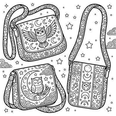 Dive into a celestial world with our Night Time Crossbody Bags coloring page. Discover intricate designs featuring adorable owls, twinkling stars, and mystical moons, ready for your artistic touch.