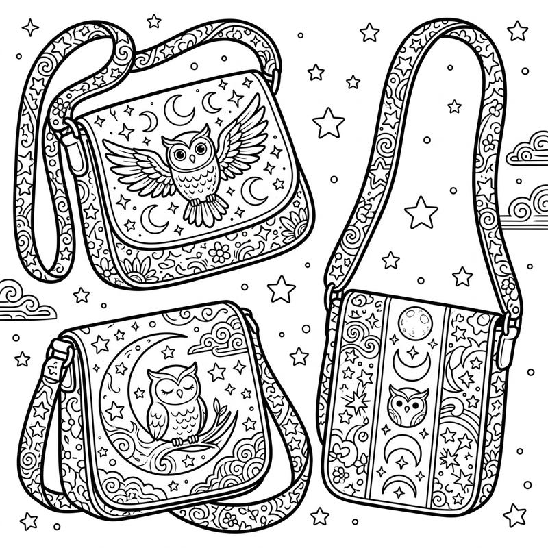 Dive into a celestial world with our Night Time Crossbody Bags coloring page. Discover intricate designs featuring adorable owls, twinkling stars, and mystical moons, ready for your artistic touch.