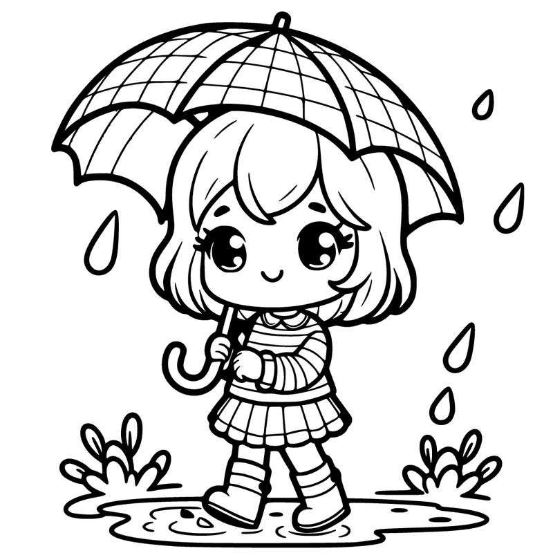 a cute girl walking in the rain for umbrella