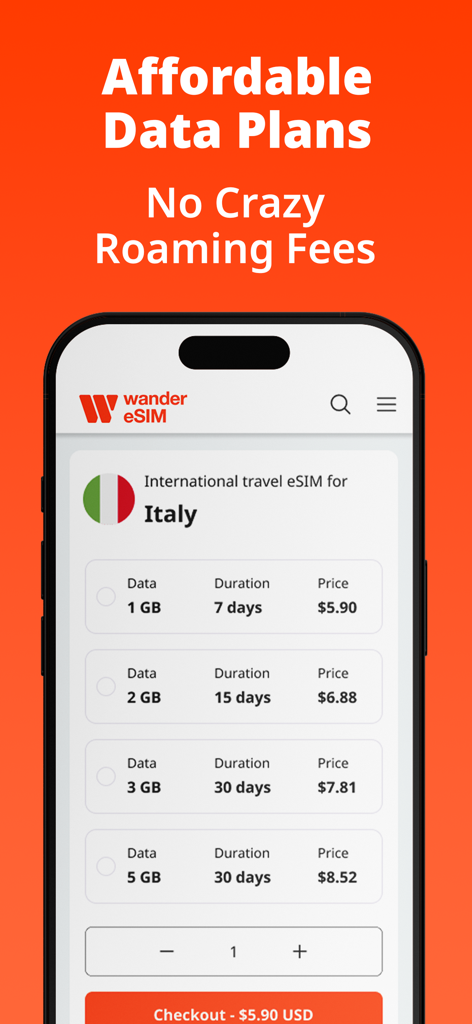 Wanderesim: Travel eSIM - Wanderesim app interface displaying affordable eSIM data plans for international travel in Italy.