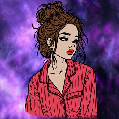 realistic woman with pajamas on and a messy bun