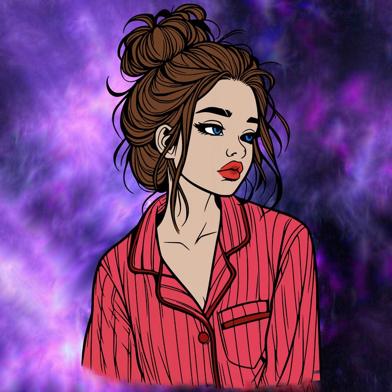 realistic woman with pajamas on and a messy bun