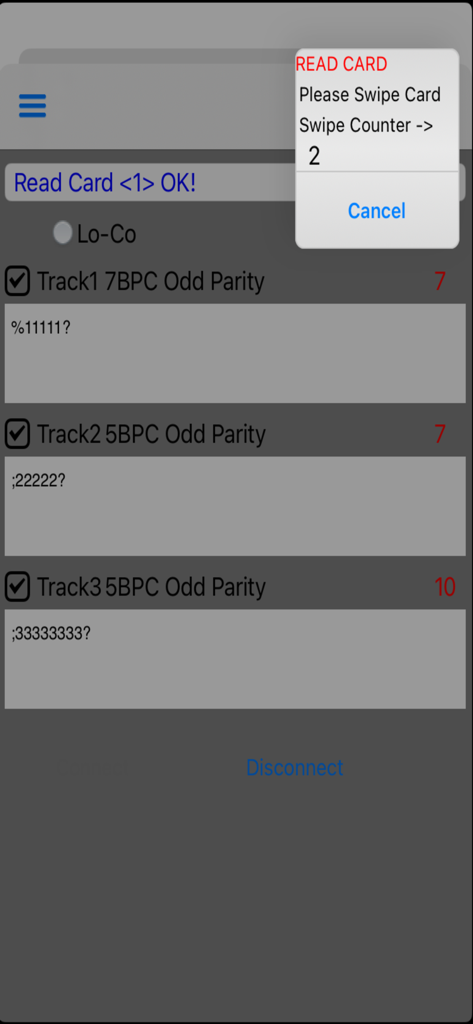 EasyMSR - Mobile app interface of EasyMSR showing magnetic stripe track data and a swipe card prompt