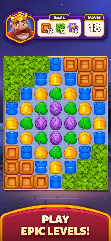 Nivel de puzzle match-3 de Royal Kingdom mostrando el tablero de juego con piezas temáticas de castillo y objetivos