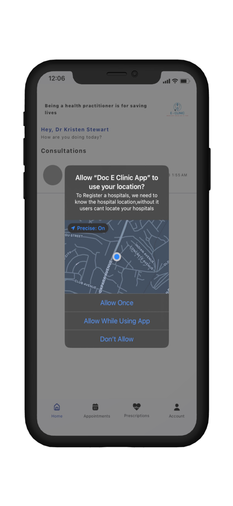 Ganat E-Clinic: Health Workers - Smartphone screen showing the Ganat E-Clinic Health Workers app with a pop up requesting location permission to register a hospital.