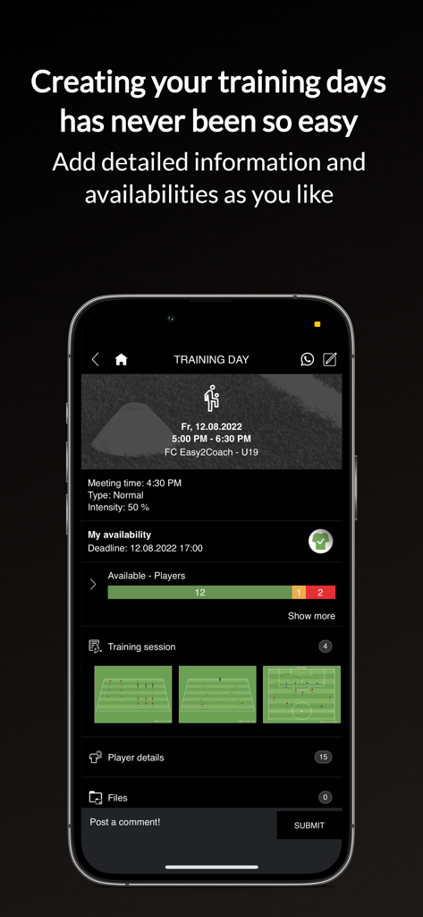 The easy2coach app interface displaying a training day schedule with player availability and tactical drill diagrams