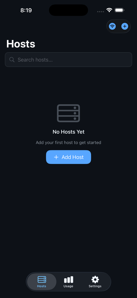iSSH - iSSH mobile app empty hosts screen with an add host button