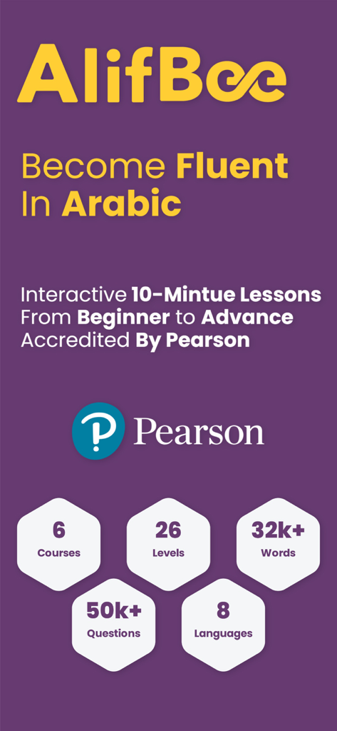AlifBee - Learn Arabic Easily - Marketing screen for AlifBee Arabic learning app highlighting Pearson accreditation and course statistics