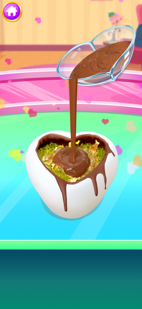 Pouring melted chocolate into a heart shaped mold with green filling in the Dubai chocolate ASMR game