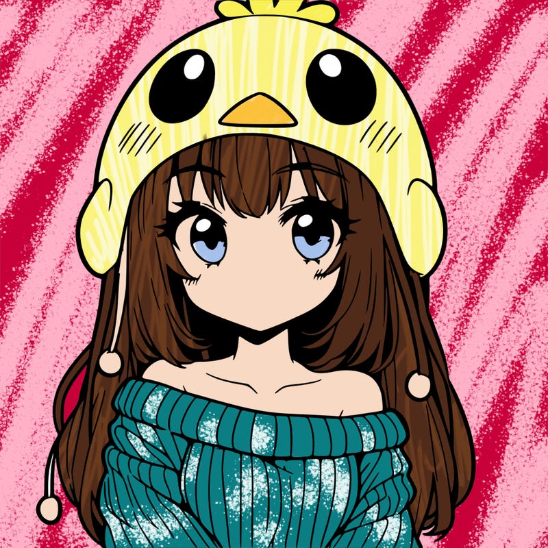 anime girl with chick shaped hat with sweater with bare shoulders with bangs covering them one eye with low tail