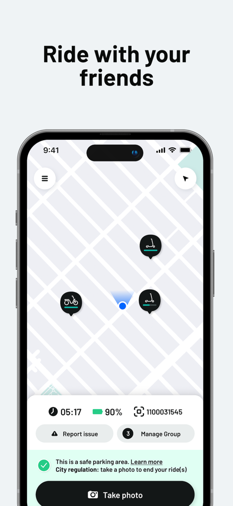 Veo - Veo app map interface showing e-scooter and bike locations with group ride management options.