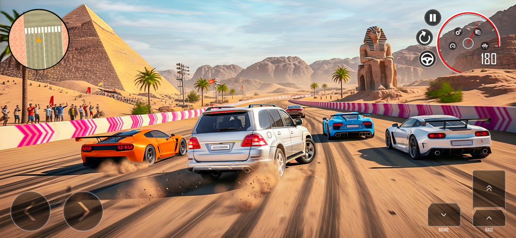 Urban Street Car Driver - High-speed car race on a desert track featuring sports cars with pyramids and the Great Sphinx in the background