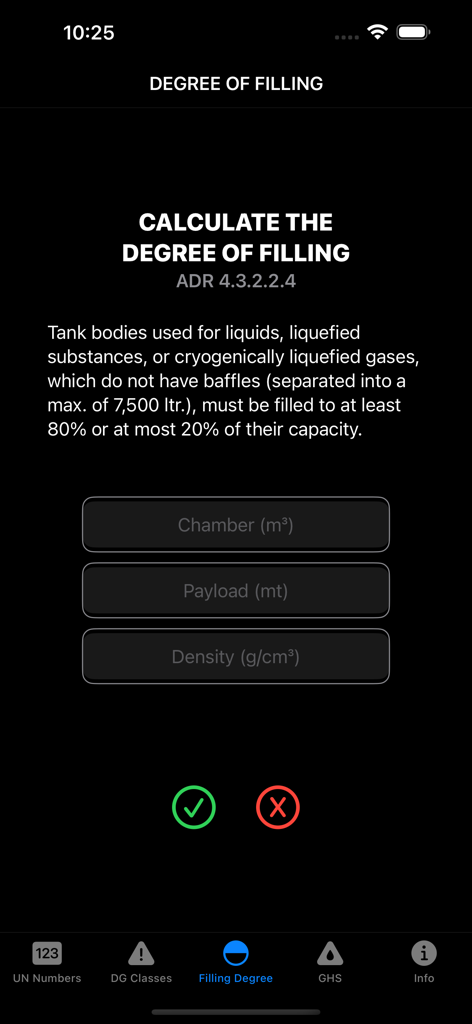 A mobile screen showing the ADR tank filling degree calculation tool for hazardous materials.
