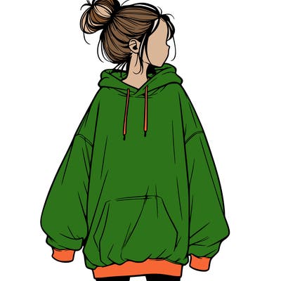 realistic girl with a oversized sweatshirt on and a bun