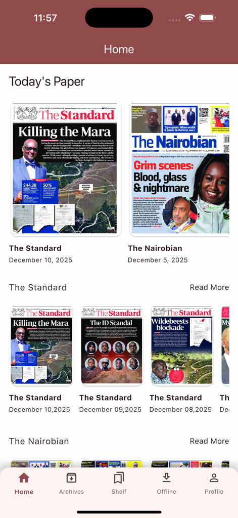 The Standard Digital e-Paper - The Standard Digital e-Paperアプリのホーム画面。The StandardやThe Nairobianなど、ケニアのさまざまな新聞版が表示されています。