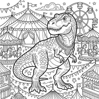 Get ready for an epic coloring adventure featuring a colossal T-Rex enjoying the thrills of a vibrant carnival! This page is packed with detailed circus tents, classic rides, and playful elements, perfect for hours of creative fun.