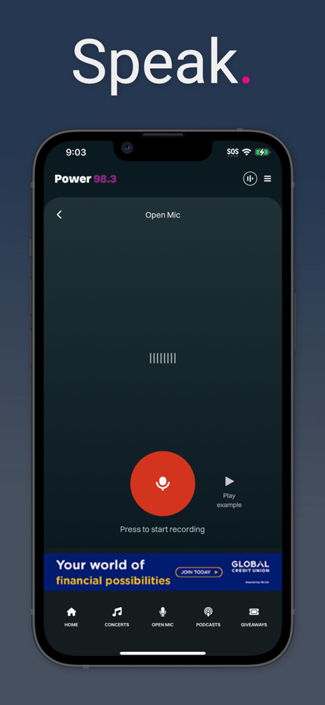 Power 98.3 & 96.1 - Tela do microfone aberto do aplicativo de rádio Power 98.3 com um grande botão vermelho de gravação para mensagens de voz dos ouvintes