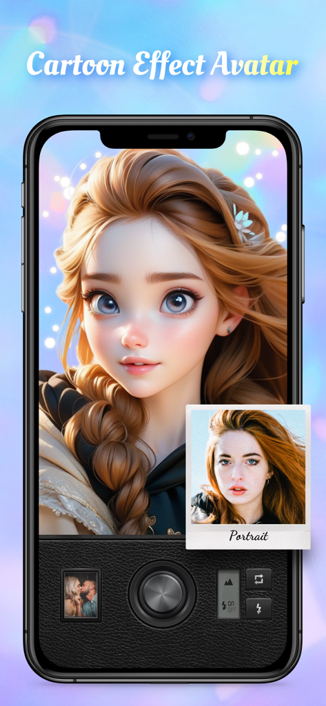 Magic Cam - Face Photo Editor - A smartphone displaying the Magic Cam app with a cartoon effect avatar transformation of a young woman portrait