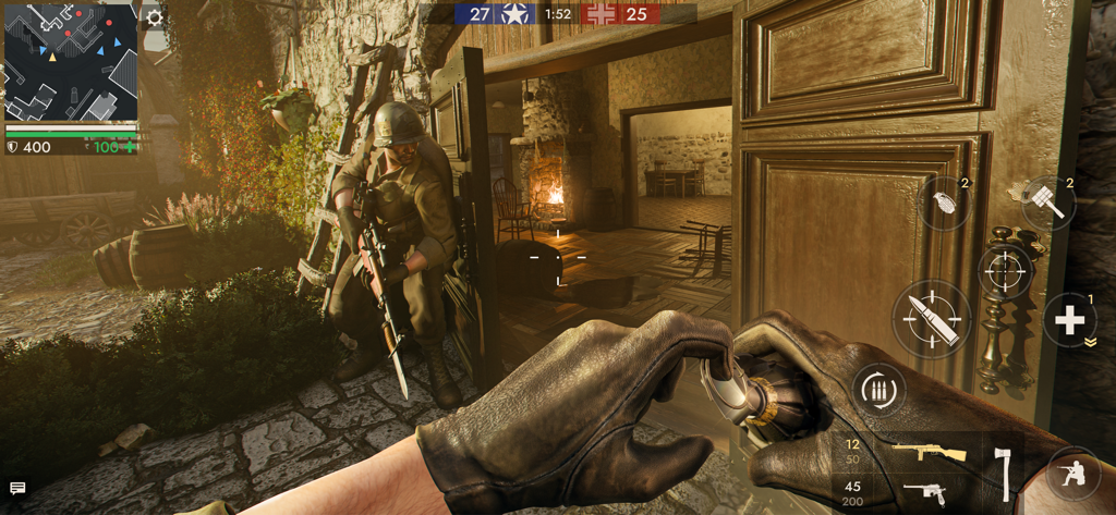First person view of a soldier preparing a grenade in a World War II village setting