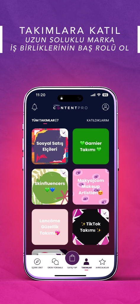ContentPro - ContentProアプリのインターフェイス。インフルエンサーコラボレーションのためのさまざまな美容ブランドチームを表示しています。