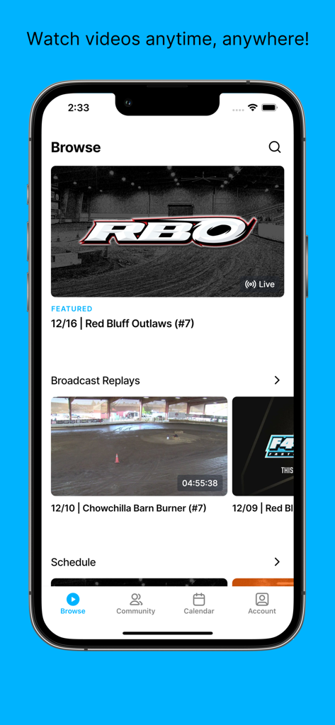 FASTFOUR LLC. - FASTFOUR app browse screen with featured live racing and broadcast replays