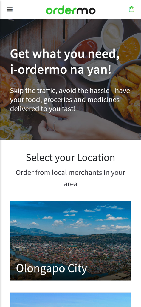 Ordermo app home screen for selecting delivery locations in Luzon including Olongapo City.