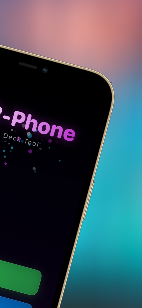 Pantalla de smartphone que muestra la interfaz de la aplicación de magia AC2PHONE con texto brillante y una herramienta de mazo.