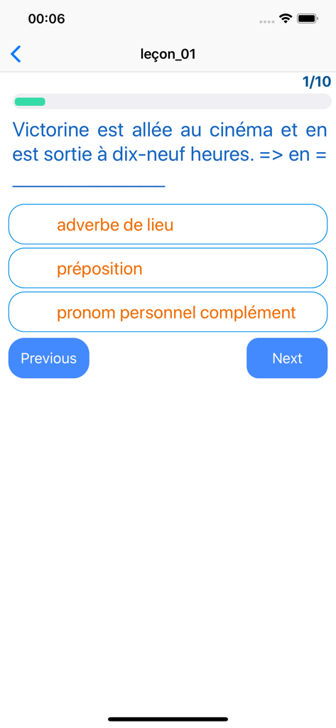 French Grammar Test - Multiple choice French grammar question about identifying the word 'en' in a sentence.